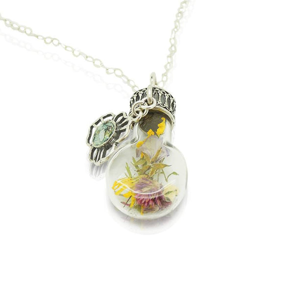 Pendant - Real Flowers From Israel In A Glass Bottle With Silver & Roman Glass Pendant