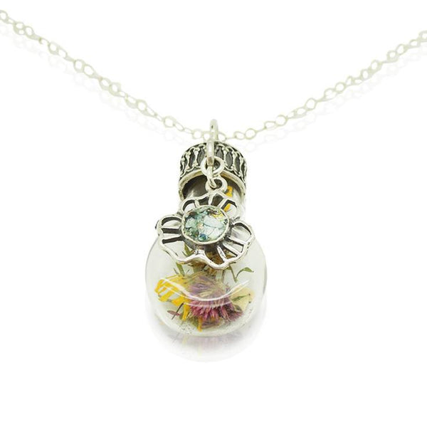 Pendant - Real Flowers From Israel In A Glass Bottle With Silver & Roman Glass Pendant