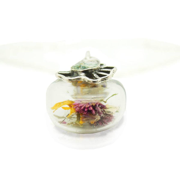 Pendant - Real Flowers From Israel In A Glass Bottle With Silver & Roman Glass Pendant