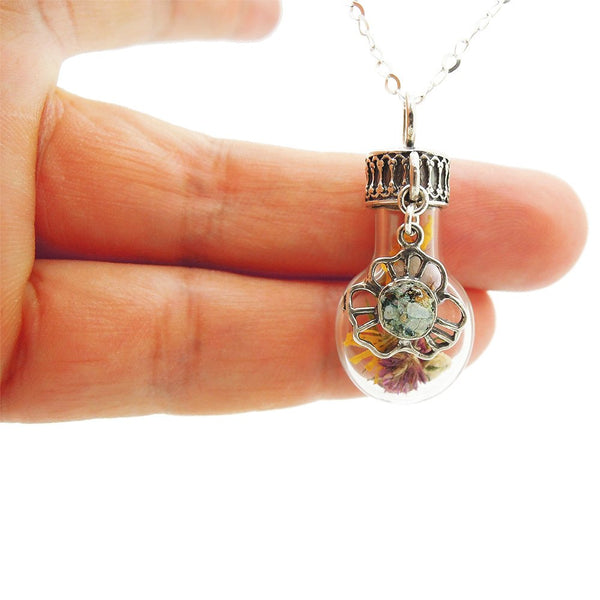 Pendant - Real Flowers From Israel In A Glass Bottle With Silver & Roman Glass Pendant