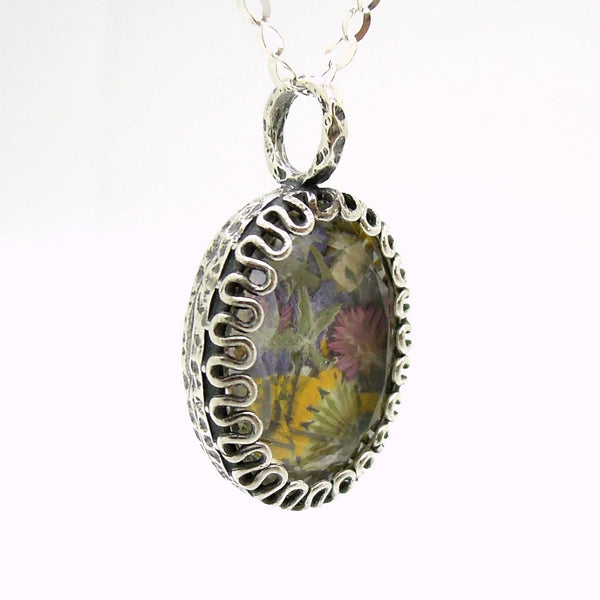 Pendant - Real Flowers From Israel Necklace, Laid In A Silver And Crystal Frame