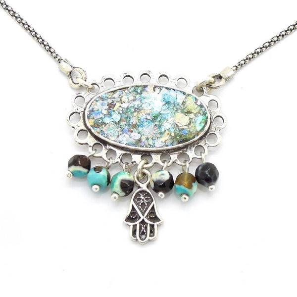 Pendant  - Roman Glass And Agate Gemstone - Hamsa Hand Unique Design