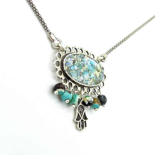 Pendant  - Roman Glass And Agate Gemstone - Hamsa Hand Unique Design