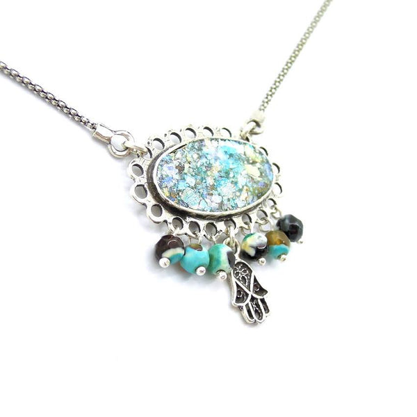 Pendant  - Roman Glass And Agate Gemstone - Hamsa Hand Unique Design