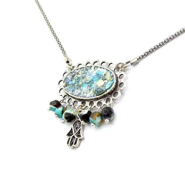 Pendant  - Roman Glass And Agate Gemstone - Hamsa Hand Unique Design
