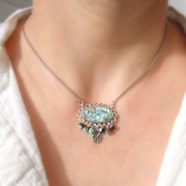 Pendant  - Roman Glass And Agate Gemstone - Hamsa Hand Unique Design