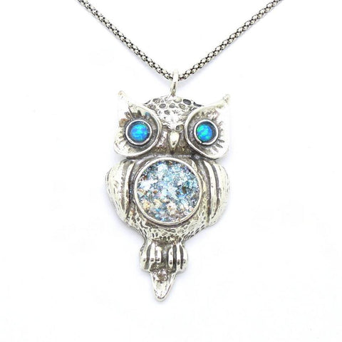 Pendant  - Roman Glass And Opal Gemstone Necklace - Owl Design