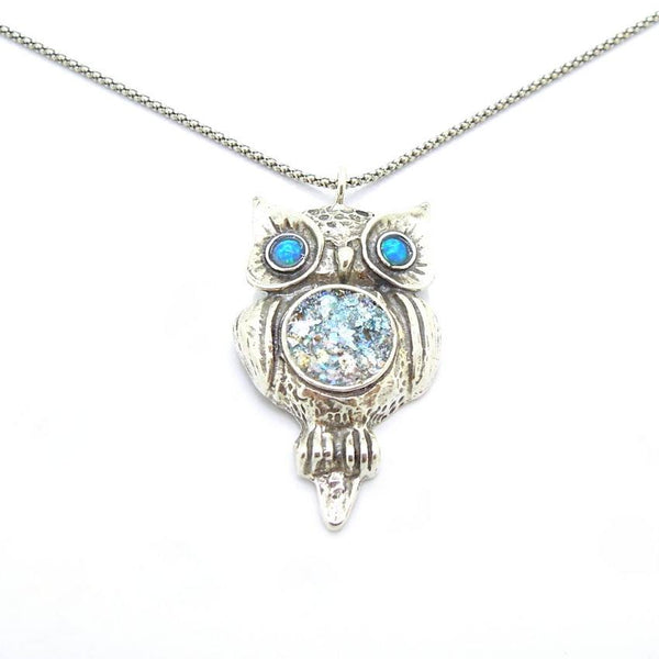 Pendant  - Roman Glass And Opal Gemstone Necklace - Owl Design