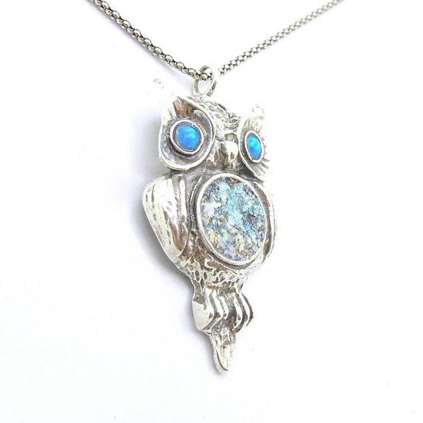 Pendant  - Roman Glass And Opal Gemstone Necklace - Owl Design