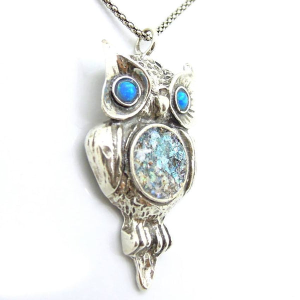 Pendant  - Roman Glass And Opal Gemstone Necklace - Owl Design