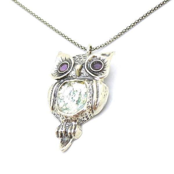 Pendant  - Roman Glass And Opal Gemstone Necklace - Owl Design