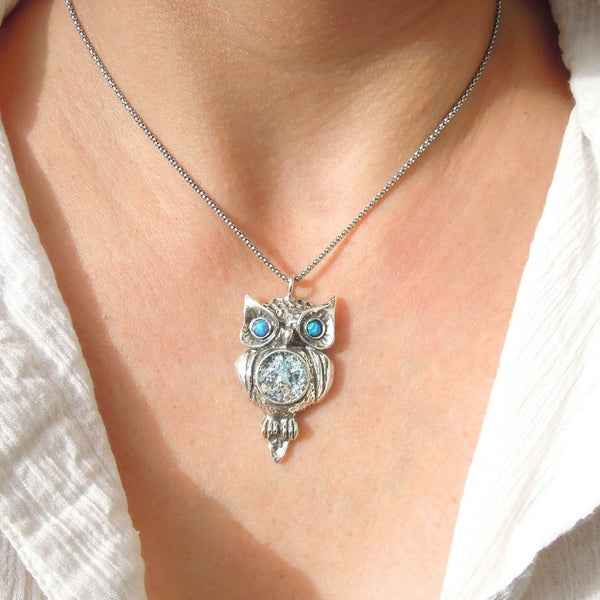 Pendant  - Roman Glass And Opal Gemstone Necklace - Owl Design