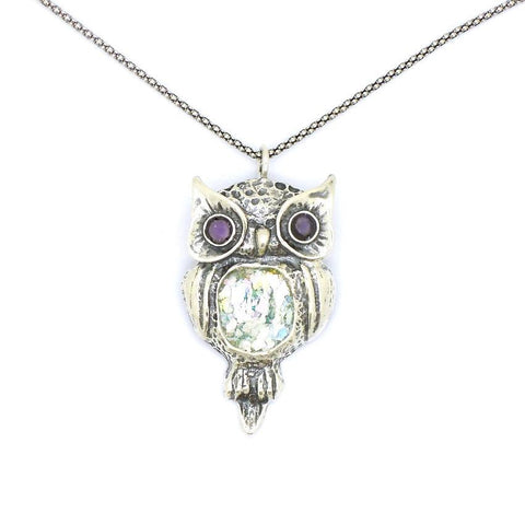 Pendant  - Roman Glass And Silver  Amethyst Pendant - Owl Design