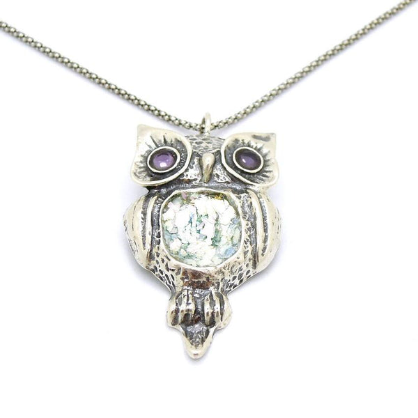 Pendant  - Roman Glass And Silver  Amethyst Pendant - Owl Design