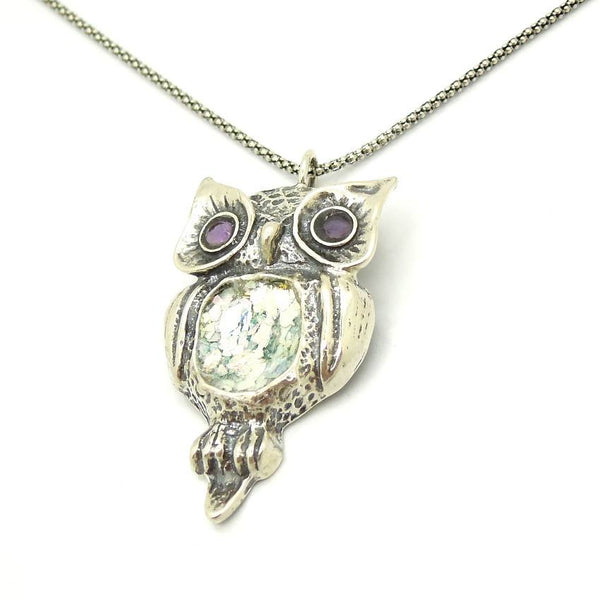 Pendant  - Roman Glass And Silver  Amethyst Pendant - Owl Design