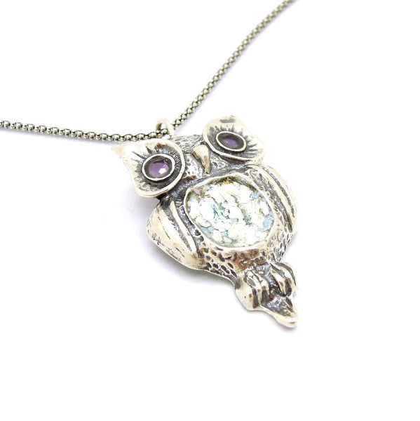 Pendant  - Roman Glass And Silver  Amethyst Pendant - Owl Design