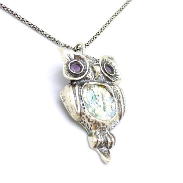 Pendant  - Roman Glass And Silver  Amethyst Pendant - Owl Design