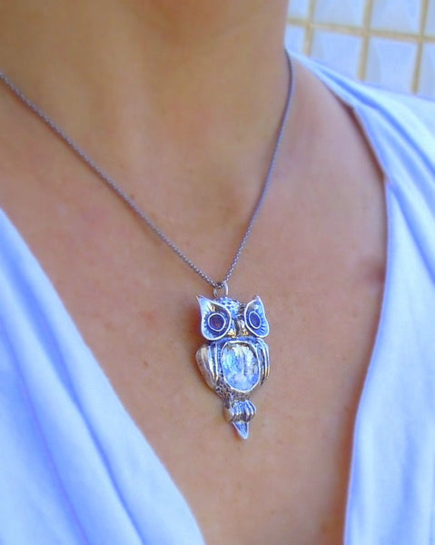 Pendant  - Roman Glass And Silver  Amethyst Pendant - Owl Design