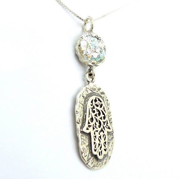 Pendant  - Roman Glass And Silver Hamsa Necklace