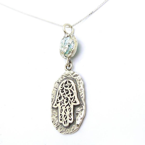 Pendant  - Roman Glass And Silver Hamsa Necklace