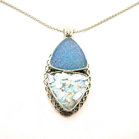 Pendant  - Roman Glass And Silver Necklace - Blue Deuzy Agate Unique Design