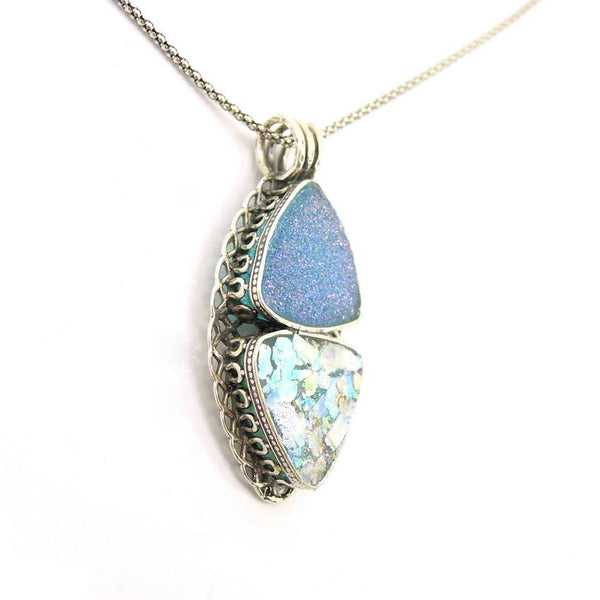 Pendant  - Roman Glass And Silver Necklace - Blue Deuzy Agate Unique Design
