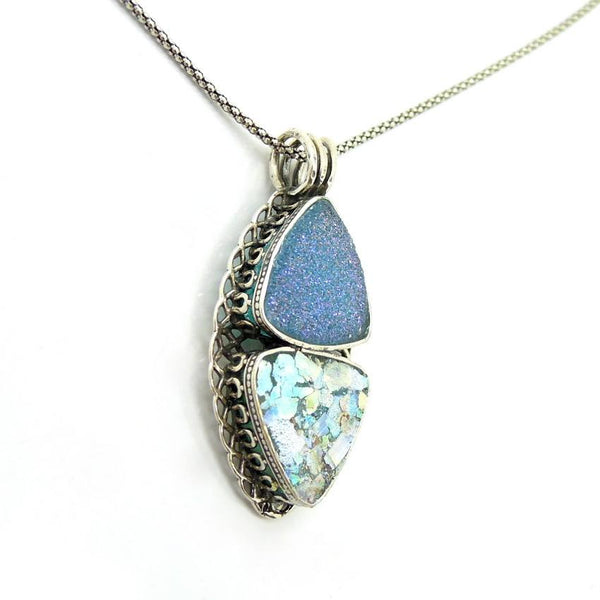 Pendant  - Roman Glass And Silver Necklace - Blue Deuzy Agate Unique Design