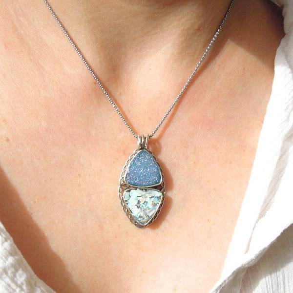Pendant  - Roman Glass And Silver Necklace - Blue Deuzy Agate Unique Design