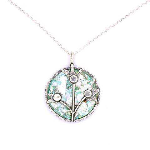 Pendant  - Roman Glass And Silver Necklace -  Flowers Unique Design