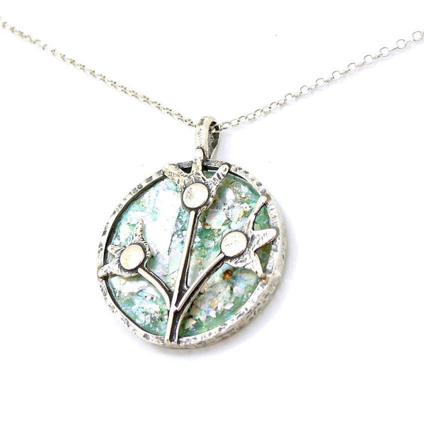Pendant  - Roman Glass And Silver Necklace -  Flowers Unique Design