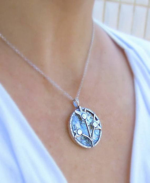 Pendant  - Roman Glass And Silver Necklace -  Flowers Unique Design