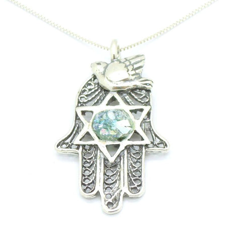 Pendant - Roman Glass And Silver Necklace -  Hamsa Hand Unique Design