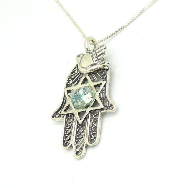 Pendant - Roman Glass And Silver Necklace -  Hamsa Hand Unique Design