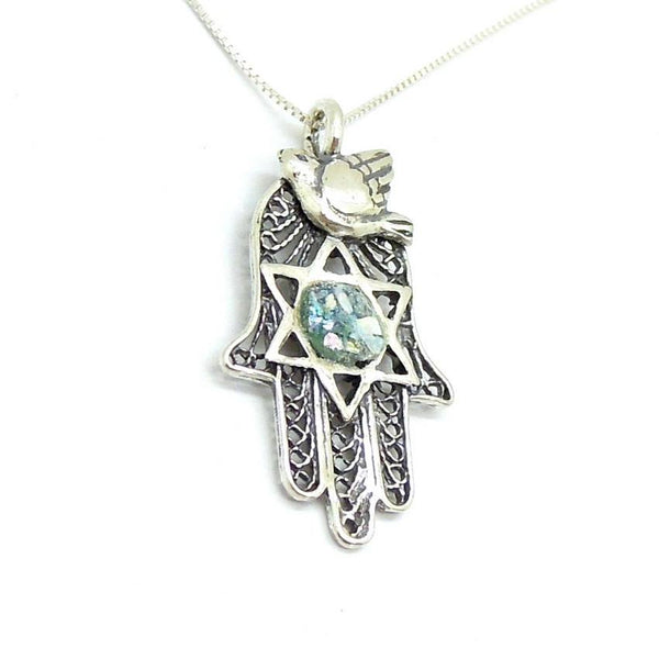 Pendant - Roman Glass And Silver Necklace -  Hamsa Hand Unique Design