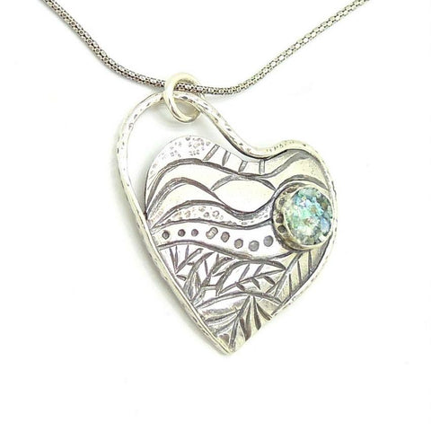 Pendant - Roman Glass And Silver Necklace -  Heart Unique Design