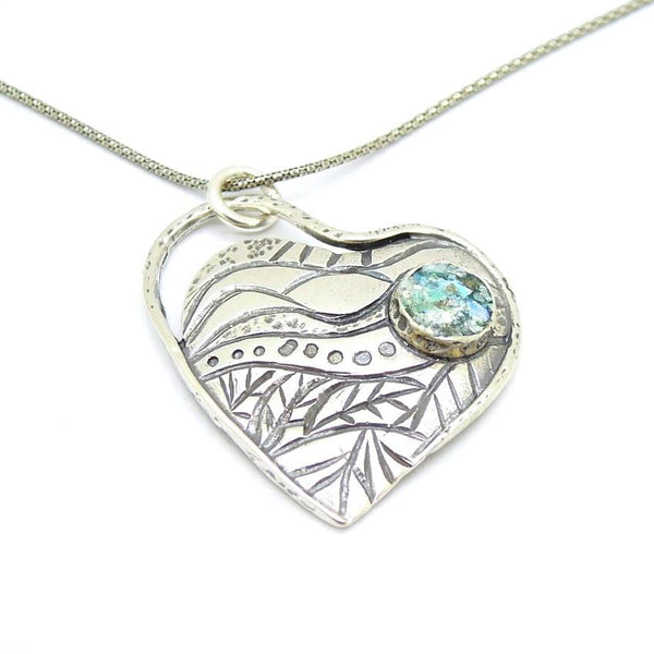 Pendant - Roman Glass And Silver Necklace -  Heart Unique Design