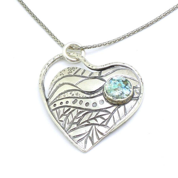 Pendant - Roman Glass And Silver Necklace -  Heart Unique Design