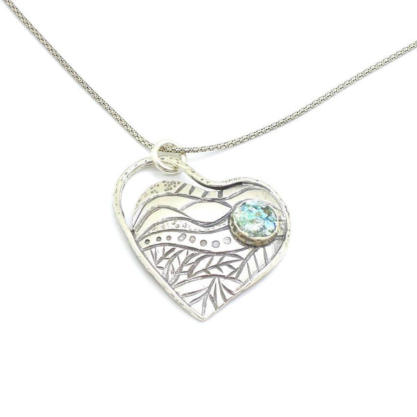 Pendant - Roman Glass And Silver Necklace -  Heart Unique Design