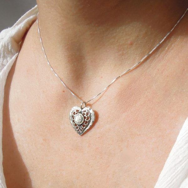 Pendant - Roman Glass And Silver Necklace -  Heart Unique Design