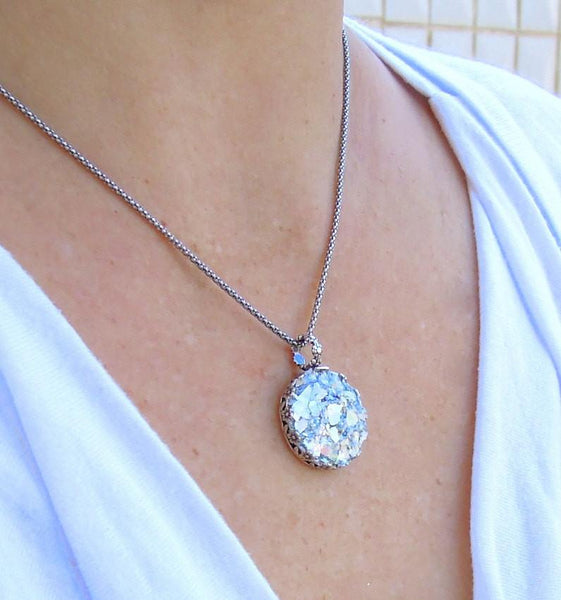 Pendant - Roman Glass And Silver Necklace - Round And Filigree Design