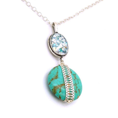 Pendant - Roman Glass And Silver Necklace - Turquoise Gemstone