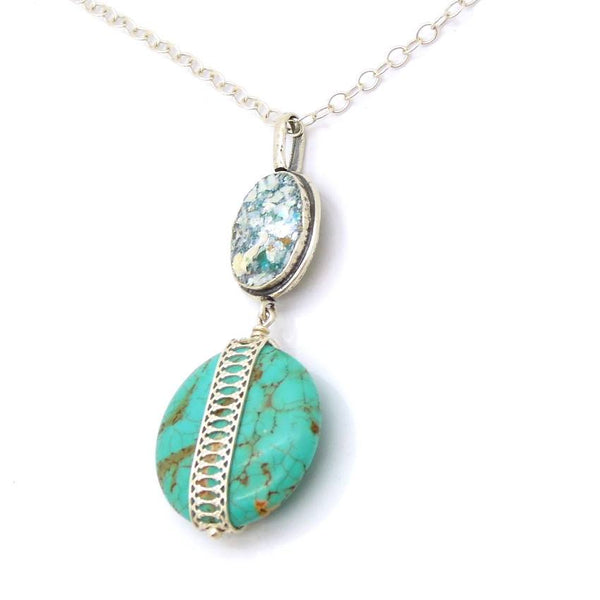 Pendant - Roman Glass And Silver Necklace - Turquoise Gemstone