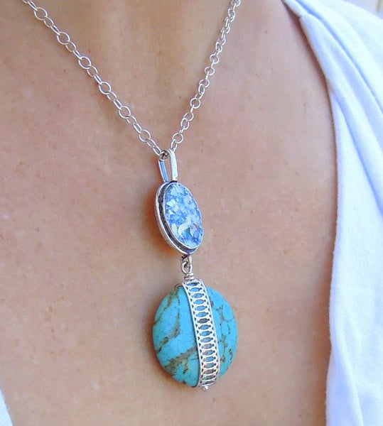 Pendant - Roman Glass And Silver Necklace - Turquoise Gemstone