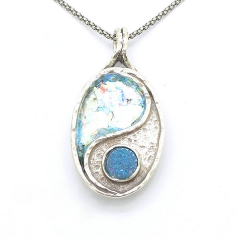Pendant  - Roman Glass And Silver Necklace - Yin Yang Unique Design