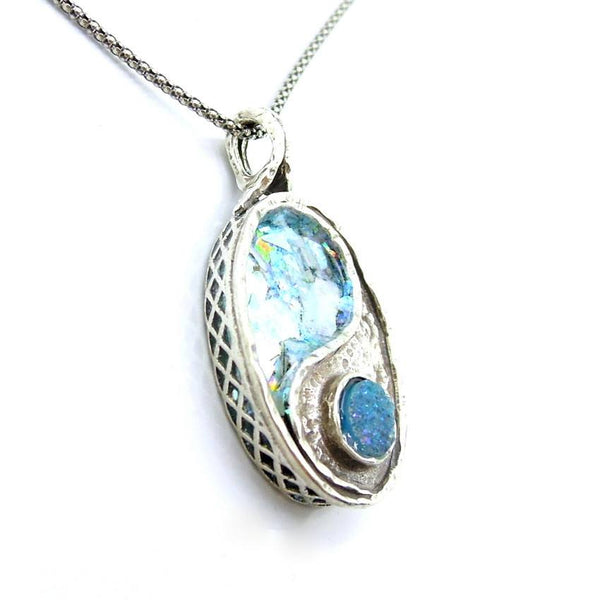 Pendant  - Roman Glass And Silver Necklace - Yin Yang Unique Design