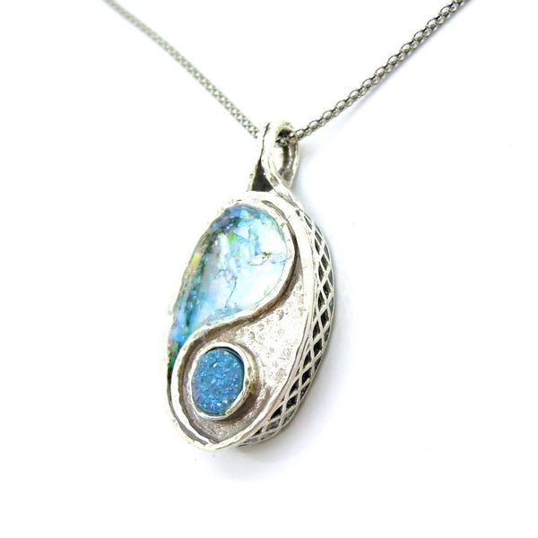 Pendant  - Roman Glass And Silver Necklace - Yin Yang Unique Design