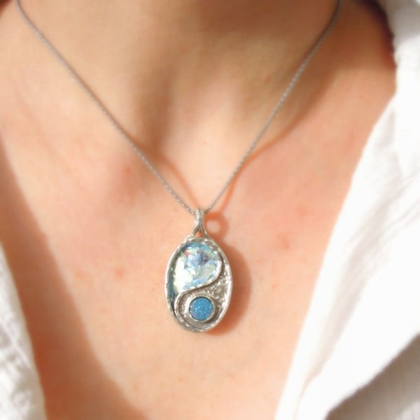 Pendant  - Roman Glass And Silver Necklace - Yin Yang Unique Design