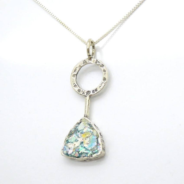 Pendant  - Roman Glass And Silver Pendant - Circle And Triangle Design