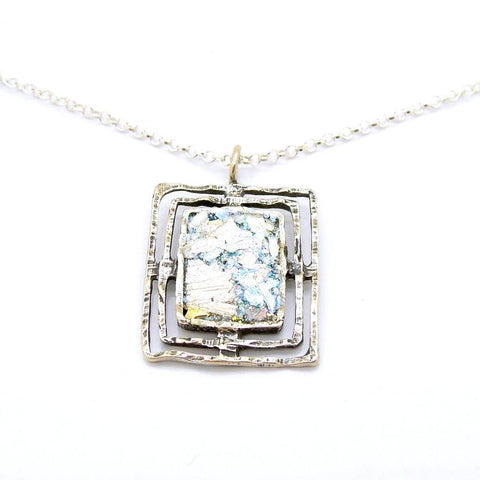 Pendant  - Roman Glass And Silver Square Pendant