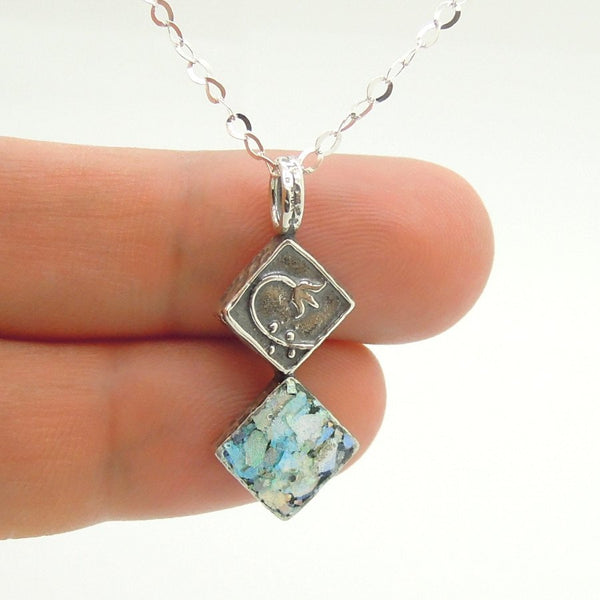 Pendant - Roman Glass Pendant With A Flower Scroll On Sterling Silver